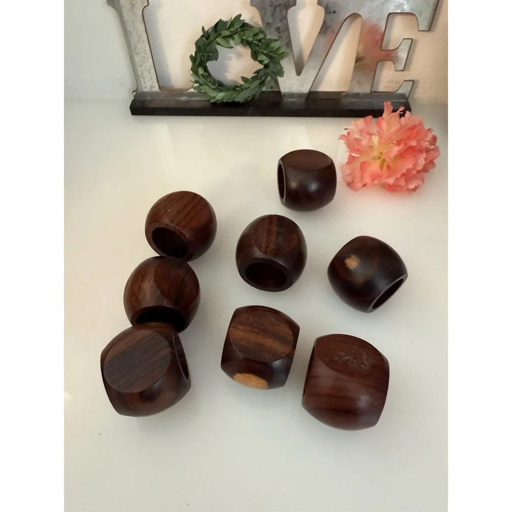 Vintage Lot of 8 Hand Made Brown Wooden Napkin‎ Rings Flat End Boho Decor 2 In